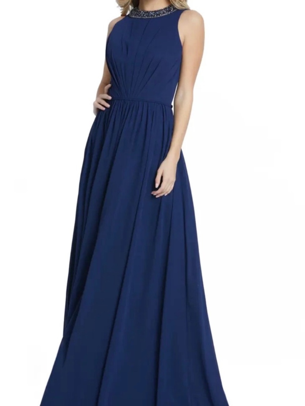 Leena for Mac Duggar size 8 dark blue, sleeveless, jeweled neckline gown
